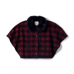 NWT Janie and Jack PLAID FAUX FUR COLLAR CAPE Connor Navy Plaid  2T